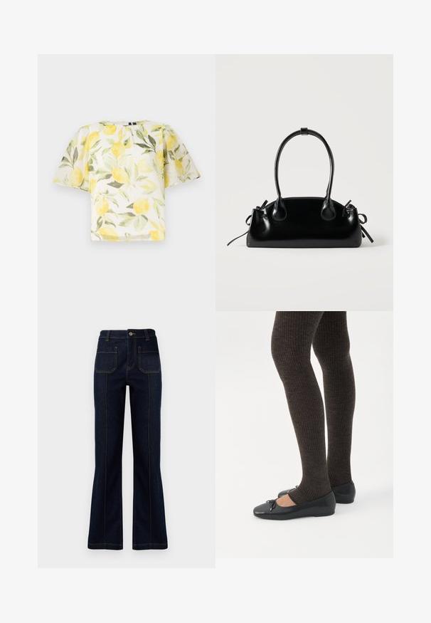 Blusa blanca de manga corta con un patrón de limones y hojas. Tela ligera, ligeramente transparente, con un escote redondeado y un corte holgado.; Jeans acampanados de color azul oscuro hechos de denim, con una cintura alta, dos bolsillos traseros y costuras visibles a lo largo de las costuras.; Piernas con leggings oscuros acanalados combinados con bailarinas negras que presentan pequeños detalles de lazo sobre un fondo blanco.; Pequeño bolso negro brillante con dos asas largas y detalles de cordón lateral sobre un fondo claro liso.