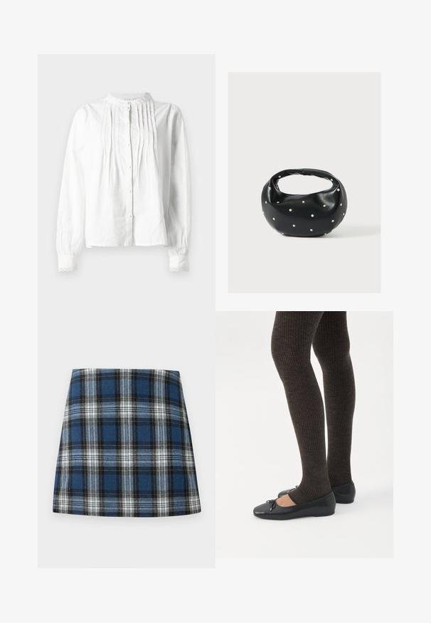 Biely blúz s dlhým rukávom a stojacím golierom, s vertikálnymi plissé na prednej časti, zapínaním na gombíky a rukávmi s čipkovaným lemovaním.; Modrá károvaná sukňa s rôznymi vzormi v modrej, čiernej a bielej farbe. Vyrobená z textilnej látky s priliehavým strihom.; Nohy v tmavých pásikavých legínach v kombinácii s čiernymi balerínkami s malými mašličkami na bielom pozadí.; Čierna kožená kabelka s zaobleným tvarom, zdobená striebornými cvočkami a krátkym rúčkou. Hladká textúra a zapínanie na zips.
