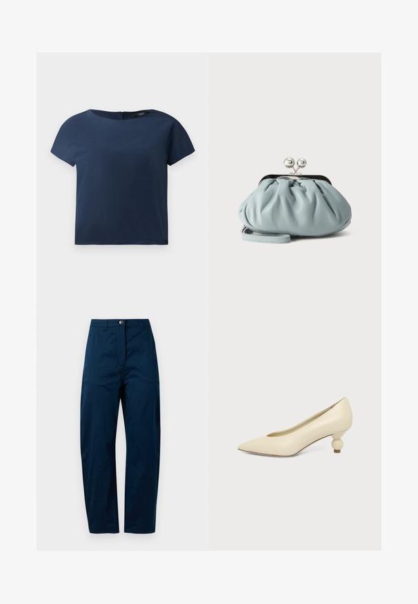 Haut à manches courtes bleu marine, encolure ronde, tissu lisse, coupe décontractée, avec une fermeture discrète au dos et des détails de couture minimes.; Pantalon bleu marine avec une coupe droite, doté d'une fermeture à bouton à l'avant, de deux poches latérales et d'une finition en tissu lisse et texturé.; Chaussure femme couleur crème à bout pointu avec un petit talon rond en forme de boule, sur fond uni.; Petit porte-monnaie en cuir bleu clair avec fermoir métallique argenté de type kiss-lock et court bracelet de poignet sur fond uni.