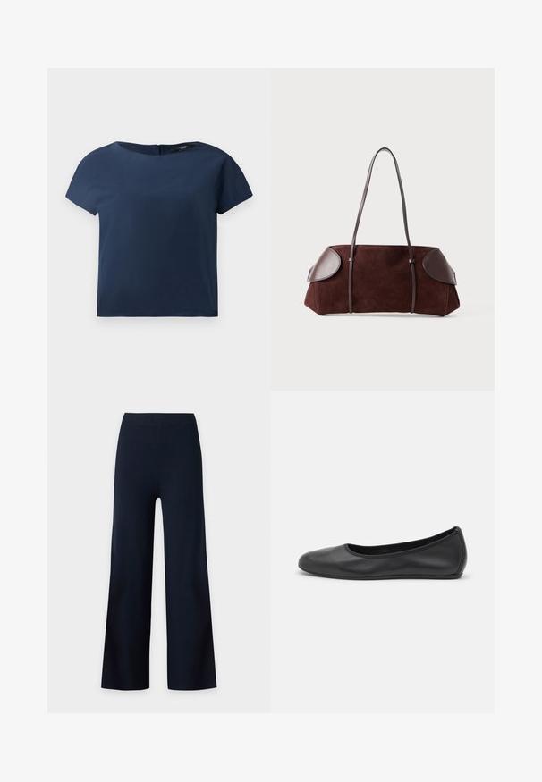 Haut à manches courtes bleu marine, encolure ronde, tissu lisse, coupe décontractée, avec une fermeture discrète au dos et des détails de couture minimes.; Pantalon noir à jambes larges avec taille haute et sans fermetures visibles, présenté sur un fond blanc uni.; Ballerines en cuir noir avec un bout rond, texture lisse, détails de couture minimalistes et design de semelle flexible.; Sac en daim marron avec des accents en cuir, forme structurée, double poignées, bords arrondis, présentant une texture lisse et un matériel minimal.