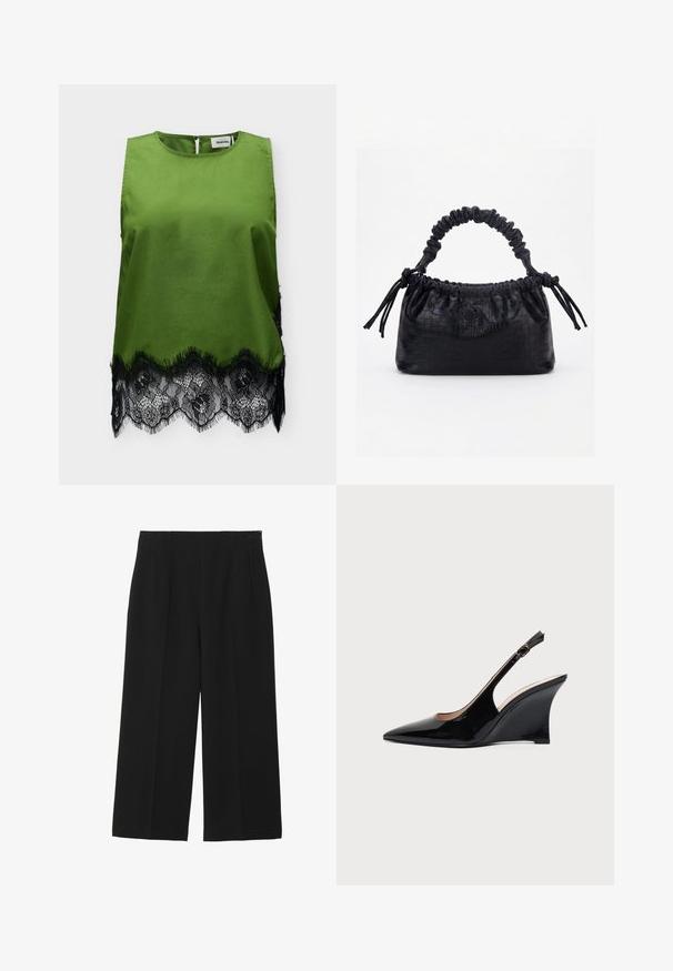 Haut sans manches en satin vert avec encolure ronde et bordure en dentelle florale noire à l'ourlet, avec une petite fermeture à bouton au dos.; Pantalons larges noirs en tissu lisse, avec deux poches avant, un devant plat, et une fermeture éclair sur le côté.; Chaussure compensée à bride arrière en cuir verni noir avec bout pointu et boucle réglable à la cheville sur fond blanc.; Sac à main noir avec texture crocodile, bord supérieur froncé, poignée plissée et pompons à cordon de chaque côté sur fond blanc.