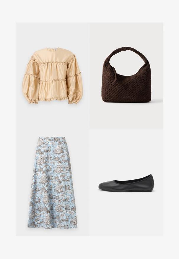 Beige satijnen blouse met pofmouwen, gelaagd ontwerp en geplooide details langs de naden. Ronde halslijn met een sluiting aan de achterkant.; Lichtblauwe A-lijnrok met bruin-witte tropische palmboom- en bloemenprint, kniehoog, met een gladde tailleband.; Zwarte leren ballerina met een ronde neus, gladde textuur, minimale stikdetails en een flexibele zoolontwerp.; Bruine geweven handtas met een afgeronde handgreep, gemaakt van textuurmateriaal. Voorzien van een ritssluiting en een klein logodetail.