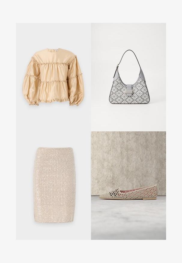 Blusa de satén beige con mangas abullonadas, diseño en capas y detalles fruncidos a lo largo de las costuras. Cuello redondo con cierre en la parte posterior.; Minifalda beige brillante con un diseño ajustado, cubierta de pequeños brillantes reflectantes, textura suave y un dobladillo recto.; Zapato plano beige para mujer con patrón de recortes geométricos e interior rosa, colocado frente a un mueble translúcido naranja sobre una alfombra beige.; Bolso de mano gris con estampado floral, de forma estructurada, con acentos de cuero y un cierre plateado que presenta el logo de la marca de manera prominente.