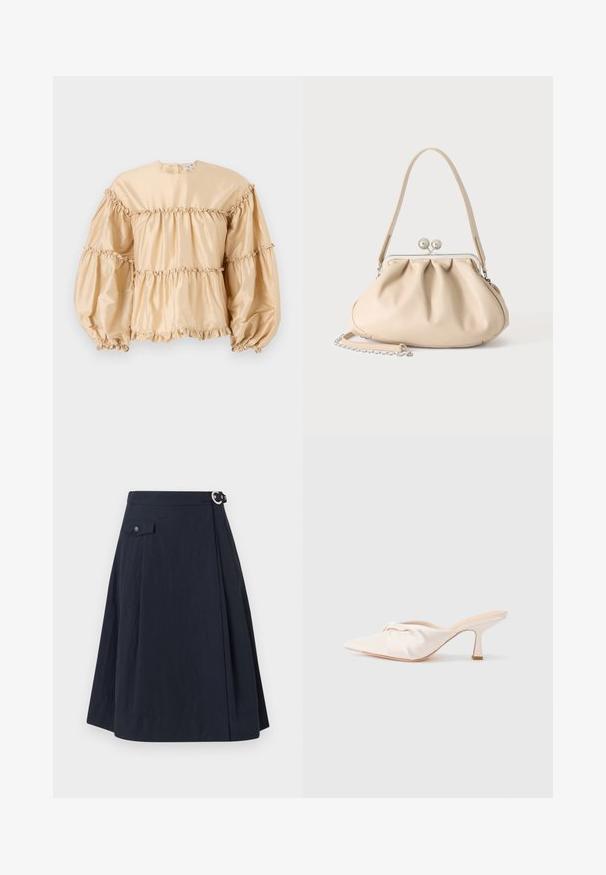 Beige satijnen blouse met pofmouwen, gelaagd ontwerp en geplooide details langs de naden. Ronde halslijn met een sluiting aan de achterkant.; Navyblauwe A-lijn rok met een zijknoopsluiting, voorzien van een voorzak en een soepele, lichte stof met een lichte glans.; Muil in lichtbeige stof met een geknoopt ontwerp aan de voorkant, een puntige neus en een slanke, taps toelopende hak. Over het geheel genomen een gladde textuur.; Beige zachte leren handtas met een zilveren metalen frame sluiting, een enkele schouderriem en een optionele kettingriem op een witte achtergrond.