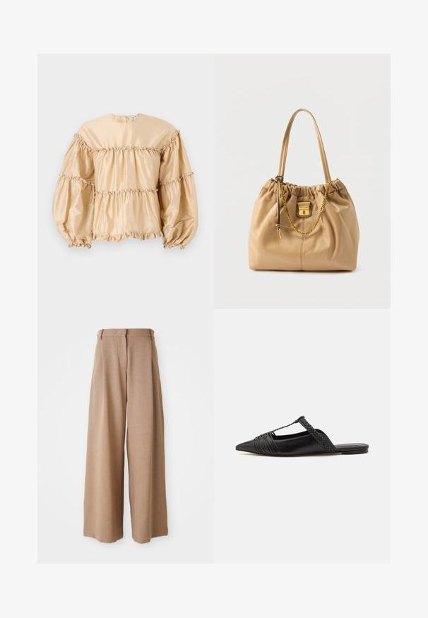 Beige satijnen blouse met pofmouwen, gelaagd ontwerp en geplooide details langs de naden. Ronde halslijn met een sluiting aan de achterkant.; Wijde broek van textuurstof in een lichte bruine tint, met een rechte snit, een gedefinieerde tailleband en zonder zichtbare bevestigingen.; Zwarte leren slingback schoen met een puntige neus, voorzien van een gevlochten accent en geplooid ontwerp aan de bovenkant. Platte zool met minimale hardware.; Beige leren handtas met lange banden, een gouden kettingdetail, trekkoordsluiting aan de bovenkant en een klein voorste sluiting met het label Marc Jacobs.