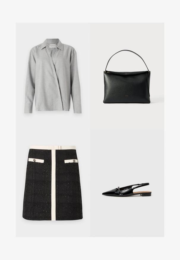 CLOSED ASYMMETRIC SHIRT - Blúzka so zapínaním na gombíky - light grey; Čierna mini sukňa s textúrou, bielym vertikálnym pruhom a vreckami na prednej strane s bielym lemovaním a gombíkmi, so bielym pásom.; Čierne lakované sľubové topánky s špicatou špicou, minimalistický dizajn, malý opätok a strieborná pracka na remienku.; Čierna kožená kabelka s hladkou textúrou, zaobleným uchom a detailom zlatého zipsu. Minimalistický dizajn s nenápadným logom.
