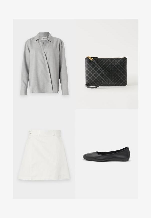 CLOSED ASYMMETRIC SHIRT - Skjortebluser - light grey; Soulland SKIRT - Denimnederdele - white; Sort læderballetsko med rund tå, glat tekstur, minimal syning og et fleksibelt såldesign.; Sort håndledsclutch med gråt diamantmønster, gylden lynlås og aftagelig rem på ensfarvet lys baggrund.