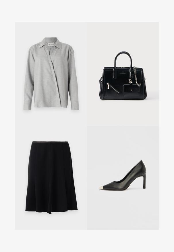 CLOSED ASYMMETRIC SHIRT - Skjortebluser - light grey; Sort A-line nederdel med en glat tekstur, udstyret med en talje og en plisseret design for fri bevægelse. Ingen synlige detaljer eller mønstre.; Sort læder højhælet sko med spids tå og metal-sølv hætte. Har en glat finish og en slank hæl på 10 cm.; Sort læderhåndtaske med dobbelthåndtag, lynlåslommer og knapper foran, sølvkædedetalje samt Michael Kors-logo midt på fronten.