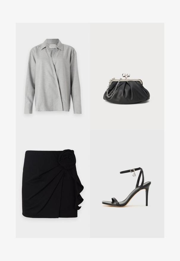 CLOSED ASYMMETRIC SHIRT - Skjortebluser - light grey; Sort mini-skirt lavet af blødt stof med en plisseret design. Har en stofrose accents på siden og en bølget kant.; Sort hæl-sandal med smal ankrem, firkantet tå-boks, glat lædermateriale og metalspænde som pynt.; Sort læder clutch med samlet tekstur, sølvfarvet metalramme, kys-lås lukning og kædestrop. Glat, blød overflade.