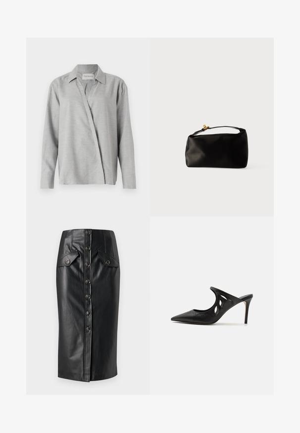 CLOSED ASYMMETRIC SHIRT - Skjortebluser - light grey; Veronica Beard BARRIE SKIRT - Pencil skirt - black; Sorte læder højhælede mules med spids tå, udskåret sideskærm og glat tekstur. Stiletthæl og subtil syning.; Sort satinpung med en afrundet form, et håndtag i toppen og en guldaccentlås. Glat tekstur med et minimalistisk design.