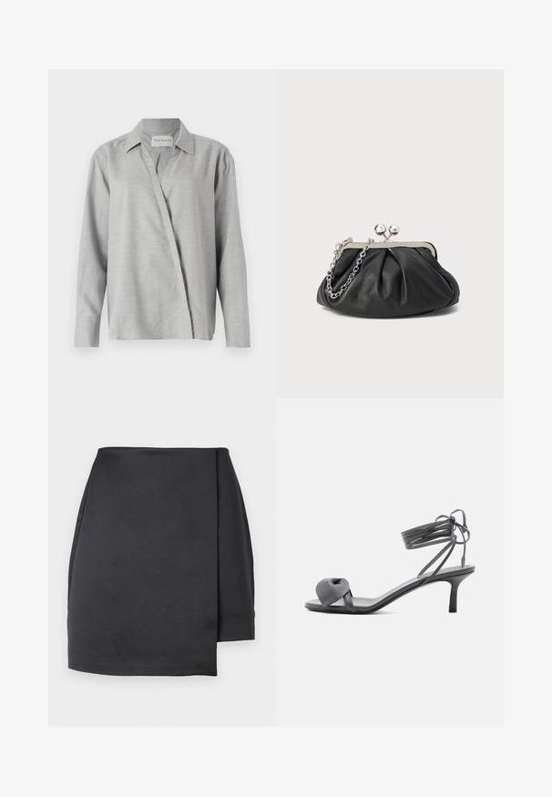 CLOSED ASYMMETRIC SHIRT - Chemisier - light grey; Mini-jupe asymétrique noire avec un pan avant style portefeuille sur fond blanc.; Sandale à talon en cuir gris avec une bride nouée sur les orteils et des lacets enroulants autour de la cheville, sur un talon moyen et fin, sur fond blanc.; Porte-monnaie en cuir noir avec texture froncée, cadre en métal argenté, fermeture à verrouillage kiss-lock et bandoulière en chaîne. Surface lisse et douce.
