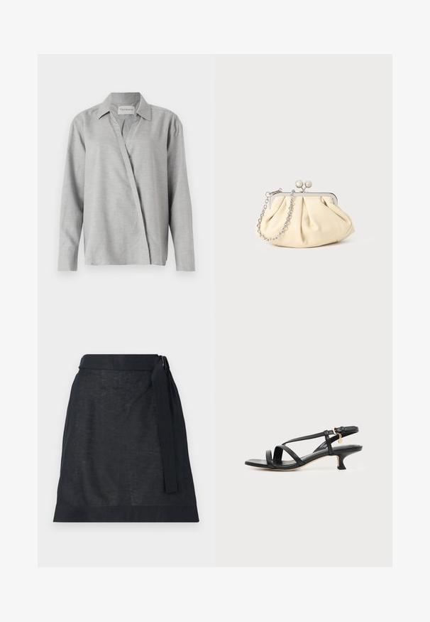 CLOSED ASYMMETRIC SHIRT - Skjortebluser - light grey; Mørk linned wrap-nederdel med lige snit, der har et taljebånd og en subtil tekstur. Ingen synlige mønstre eller hardware-detaljer.; Sort læder sandal med lav, tynd hæl, ankelspænde og lille guldkæde mod en lys, ensartet baggrund.; Plisseret beige læderclutch med en sølvmetalramme, der har to runde dekorative låse og en sølvkædetrasporte.