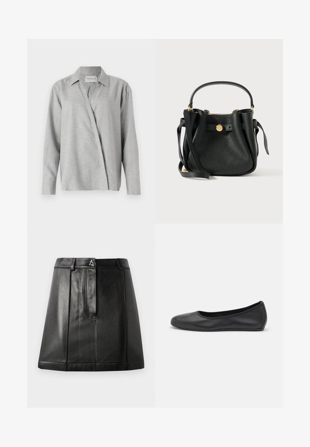 CLOSED ASYMMETRIC SHIRT - Blusa - light grey; Falda de cuero negro con una forma estructurada, que cuenta con un bolsillo frontal y un accesorio metálico en la cintura. Textura suave y detalles de costura.; Bailarina de piel negra con punta redondeada, textura suave, detalle de costura minimalista y diseño de suela flexible.; Bolso de cuero negro texturizado con un asa corta, una correa larga para el hombro y un cierre de logo redondo en tono dorado en la parte frontal.
