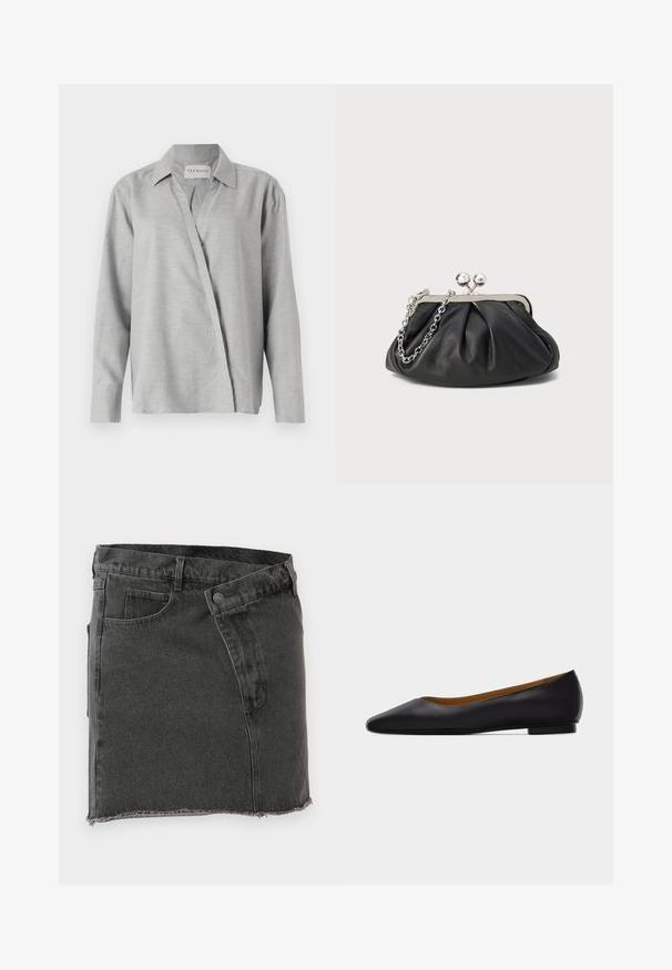CLOSED ASYMMETRIC SHIRT - Skjortebluser - light grey; Sort denim mini-nederdel med forlommer, bæltestropper, knap-lukning og rå kantdetaljer.; Sort læder flad sko med spids tå, lav hæl og glat finish, vist fra siden på en lysegrå baggrund.; Sort læder clutch med samlet tekstur, sølvfarvet metalramme, kys-lås lukning og kædestrop. Glat, blød overflade.