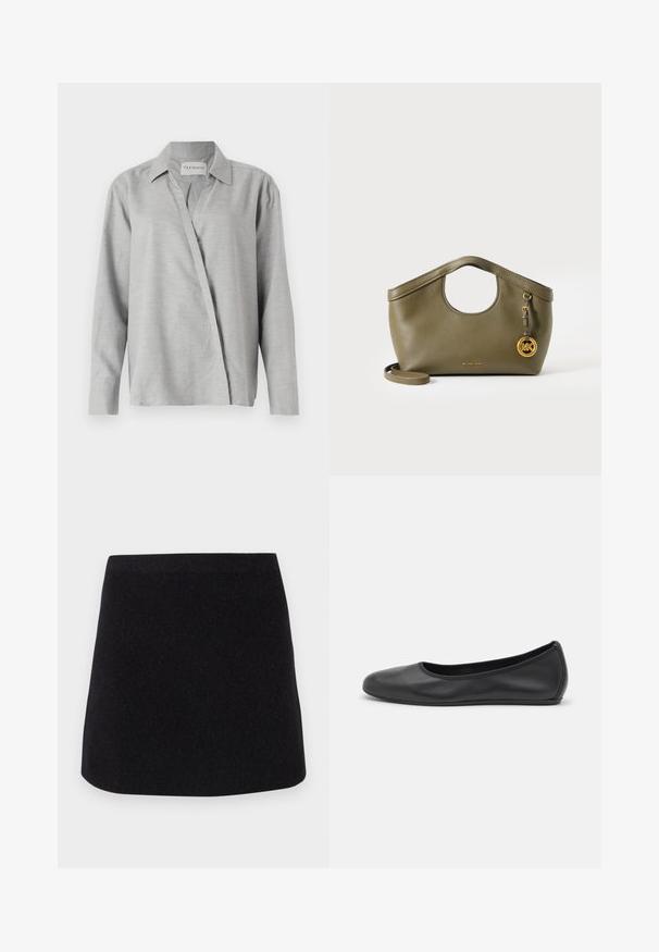 CLOSED ASYMMETRIC SHIRT - Skjortebluser - light grey; CLOSED A-snit nederdel - black; Sort læderballetsko med rund tå, glat tekstur, minimal syning og et fleksibelt såldesign.; Olivengrøn læderhåndtaske med rund udskåret hank, gyldent MK-logo vedhæng og aftagelig skulderrem på hvid baggrund.