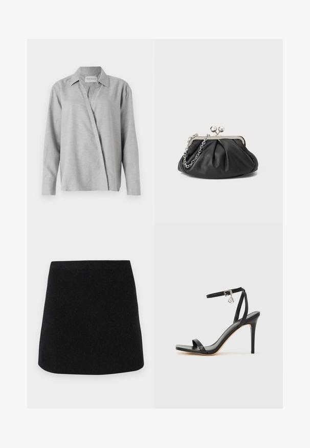 CLOSED ASYMMETRIC SHIRT - Blúzka so zapínaním na gombíky - light grey; CLOSED sukňa v tvare A - black; Čierna sandála na vysokom opätku s úzkym remienkom okolo členka, štvorcovou špičkou, hladkým koženým materiálom a kovovým zapínaním.; Čierna kožená kabelka s vrúbkovou textúrou, strieborným kovovým rámom, uzáverom na pobozkanie a retiazkou na nosenie. Hladký, jemný povrch.