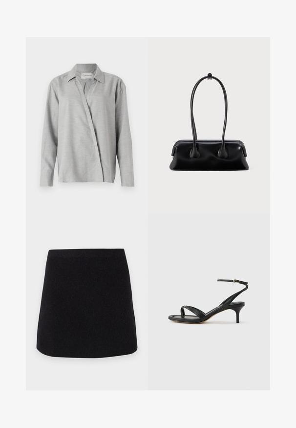 CLOSED ASYMMETRIC SHIRT - Blusa - light grey; CLOSED Falda acampanada - black; Sandalia negra de cuero para mujer con tiras finas, un lazo para el dedo del pie, hebilla en el tobillo y tacón de aguja de altura media sobre un fondo neutro.; Bolso de mano de cuero negro con dos asas alargadas, una textura suave y una base redondeada con detalles decorativos en los laterales.