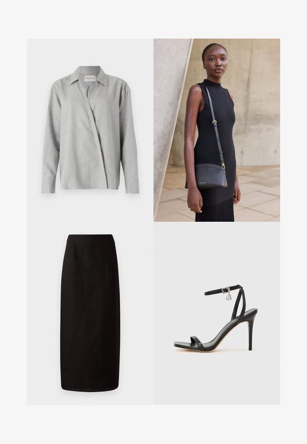 CLOSED ASYMMETRIC SHIRT - Skjortebluser - light grey; Sort midi nederdel lavet af letvægtsstof. Har en lige silhuet, glat tekstur og en simpel talje uden udsmykninger.; Sort hæl-sandal med smal ankrem, firkantet tå-boks, glat lædermateriale og metalspænde som pynt.; Ung kvinde i en ærmeløs sort kjole med en sort læder crossbodytaske, stående mod en lys betonvæg.