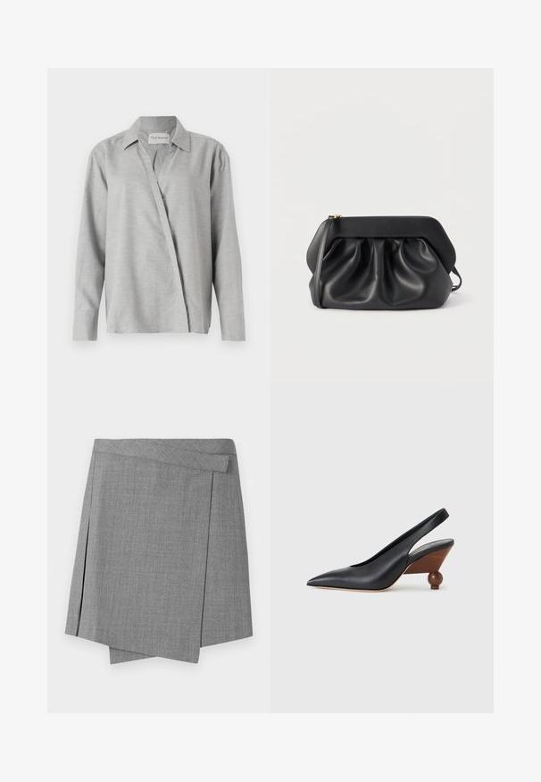 CLOSED ASYMMETRIC SHIRT - Chemisier - light grey; Mini-jupe grise style portefeuille avec ourlet asymétrique et texture subtile, dotée d'un détail de ceinture dissimulée.; Chaussure à bout pointu noire avec bride arrière, talon bloc arrondi en bois et dessus en cuir lisse sur fond gris clair.; Pochette en cuir noir avec une structure rigide, des détails froncés et une fine lanière de poignet sur fond blanc.