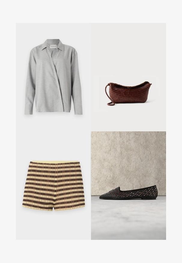 CLOSED ASYMMETRIC SHIRT - Skjortebluser - light grey; strikkede shorts i beige med brune og sorte striber; har en ribbet tekstur og en elastisk gul talje.; Sort spids flad sko med geometrisk udskåret mønster, vist på beige overflade nær ravfarvet gennemsigtigt møbel.; Brun flettet lædertaske med en enkelt rem og buet top mod en ensfarvet hvid baggrund.