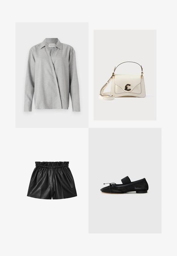 CLOSED ASYMMETRIC SHIRT - Skjortebluser - light grey; Sorte shorts i kunstlæder med høj elastisk talje og lodret sømdetalje på hvid baggrund.; Sort flad sko med spids tå, lavet af tekstureret stof, med en sløjfeaccent og en lille, rund hæl. Elastisk rem ved anklen.; Kremfarvet læderhåndtaske med buet design, sort logo-detalje og gyldent metaludstyr. Inkluderer en aftagelig rem. Glat tekstur.