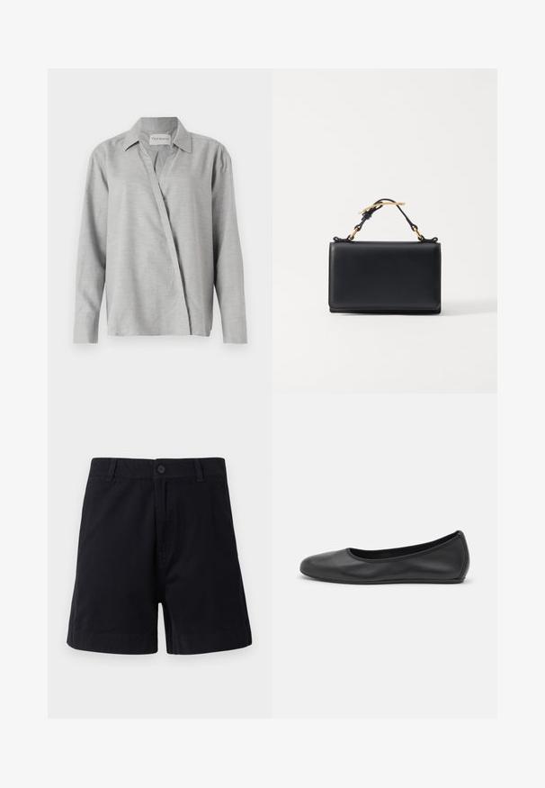 CLOSED ASYMMETRIC SHIRT - Skjortebluser - light grey; Mørkeblå bomuldsshorts med knaplukning, sidelommer og lige snit, med en glat tekstur og enkelt design.; Sort læderballetsko med rund tå, glat tekstur, minimal syning og et fleksibelt såldesign.; Sort læderhåndtaske med rektangulær form, der har en top-håndtag og hardware i guldtonet. Glat tekstur, minimalistisk design.