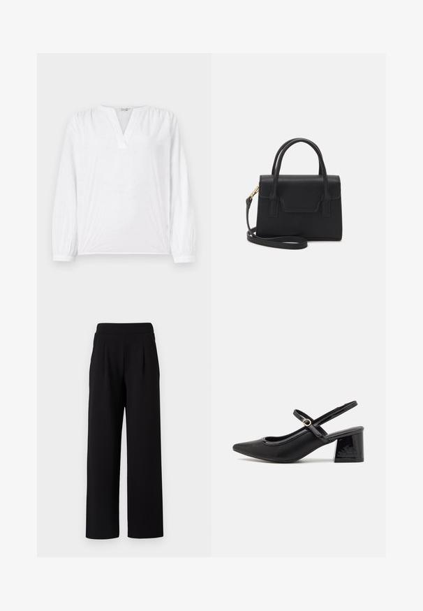 Blusa blanca de mangas largas, con escote en V y patrón de flores bordadas. Tejido suave con un acabado ligeramente texturizado. Puños elásticos.; TOM TAILOR DENIM PLEATED PANTS - Pantalones - deep black; Tacones slingback de charol negro con punta afilada, un diseño de corte redondeado y tacón bloque. Incluye un detalle de hebilla en tono dorado.; Bolso estructurado negro de cuero con un asa superior, correa de hombro desmontable y un detalle de tapa en la parte frontal. Acentos en dorado.