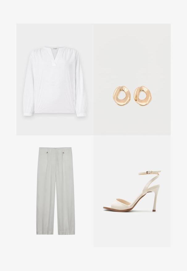 Witte blouse met lange mouwen, V-hals en geborduurd bloemenpatroon. Zachte stof met een licht gestructureerde afwerking. Elastaan mouwen.; Lichtgrijze, wijde pantalon gemaakt van een zachte stof. Heeft twee voorplooien, twee knoopsluitingen en een gladde textuur.; Beige sandaal met hoge hak, dunne enkelband met gouden gesp, open teen en slanke naaldhak op een witte achtergrond.; Set van onregelmatig gevormde, gepolijste hoepel oorbellen van goudkleurig metaal met een open midden op een effen witte achtergrond.