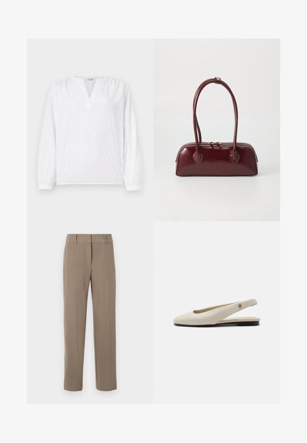 Witte blouse met lange mouwen, V-hals en geborduurd bloemenpatroon. Zachte stof met een licht gestructureerde afwerking. Elastaan mouwen.; Rechte kaki broek met riemlussen en een ritssluiting aan de voorkant op een witte achtergrond.; Crèmekleurige leren slingback platte schoen met ronde neus en klein gouden embleem op het bandje.; Bordeaux leren handtas met een gebogen vorm, dubbele handvatten, ritssluiting en subtiele stiksels. Gladde, hoogglanzende afwerking.
