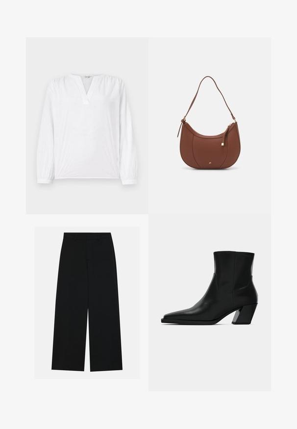 Blusa blanca de mangas largas, con escote en V y patrón de flores bordadas. Tejido suave con un acabado ligeramente texturizado. Puños elásticos.; Pantalones negros de pierna ancha hechos de una tela suave. Presentan una cintura plana con pasadores de cinturón y sin bolsillos visibles. Diseño sencillo.; Bota de tobillo de cuero negro con punta afilada, una silueta elegante y un tacón cuadrado grueso. Textura suave con detalles de costura mínimos.; Bolso de hombro de imitación cuero marrón con forma curva, costura mínima y un acento de hardware en tono dorado. Presenta un cierre de cremallera en la parte superior y una correa ajustable.
