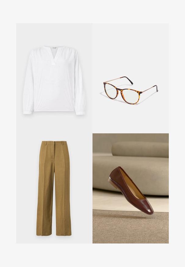 Witte blouse met lange mouwen, V-hals en geborduurd bloemenpatroon. Zachte stof met een licht gestructureerde afwerking. Elastaan mouwen.; Rechte kaki broek met riemlussen en een gulp met ritssluiting aan de voorkant, weergegeven op een effen witte achtergrond.; Bruine leren platte schoen met een afgeronde neus en lage beige hak, geplaatst bovenop een gestructureerd beige tapijt en een sofa achtergrond.; Schildpadbril met ronde lenzen, lichte metalen armen en subtiele groen getinte lenzen. Het frame heeft een gestructureerde afwerking.