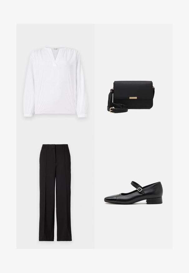 Blusa blanca de mangas largas, con escote en V y patrón de flores bordadas. Tejido suave con un acabado ligeramente texturizado. Puños elásticos.; Pantalones negros con un diseño de pierna recta, con dos pliegues en la parte frontal, una cinturilla y sin bolsillos visibles ni adornos.; Zapatos Mary Jane de cuero negro con puntera de charol, correa de tobillo ajustable y tacón bajo. Textura suave y diseño elegante.; Bolso cruzado de cuero negro con cierre de solapa, acentos en dorado, correa ajustable y superficie texturizada. Forma rectangular compacta.