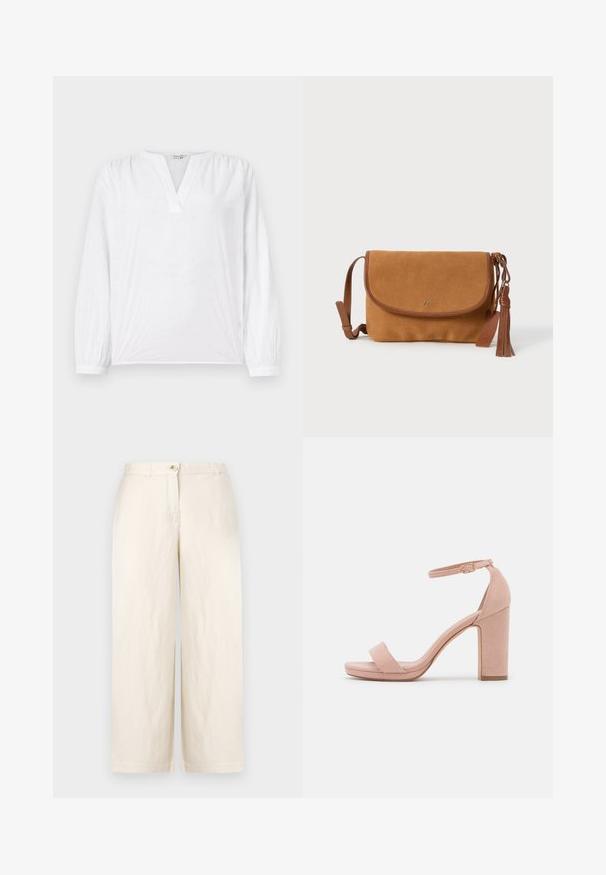 Hvid bluse med lange ærmer, V-udskæring og broderet blomsterdesign. Blødt stof med en let struktureret overflade. Elastiske manchetter.; Beige vidde bukser i letvægtsstof, med knaplukning, bæltestropper og rene kantede kanter. Glat tekstur og minimalistisk design.; Rosa ruskinds højhælede sandal med blokhæl, åbent tåparti og ankelrem med en detalje af guldspænde. Flad frontrem.; Brun semsket crossbody-taske med læderdetaljer, klaplukning og en dekorativ kvast. Har et enkelt design og justerbar bærestrop.