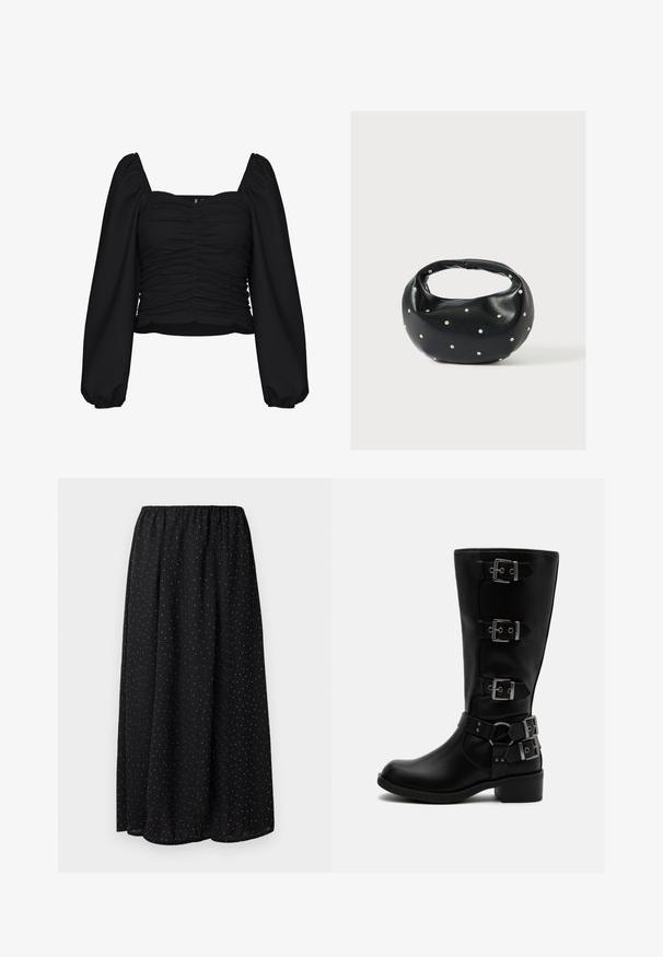 Sort cropped bluse lavet af tekstureret stof, med firkantet udskæring, rucheret krop og lange pufærmer med elastiske manchetter.; Sort skirt lavet af letvægtsstof med en samlet talje. Den har et mønster af små hvide prikker over hele stoffet.; Sort støvle i læder til midt på læggen med fire justerbare metalspænder og en lav blokhæl på hvid baggrund.; Sort læderhåndtaske med en rundet form, dekoreret med sølvnitter, og et kort håndtag. Glat tekstur og lynlåslukning.