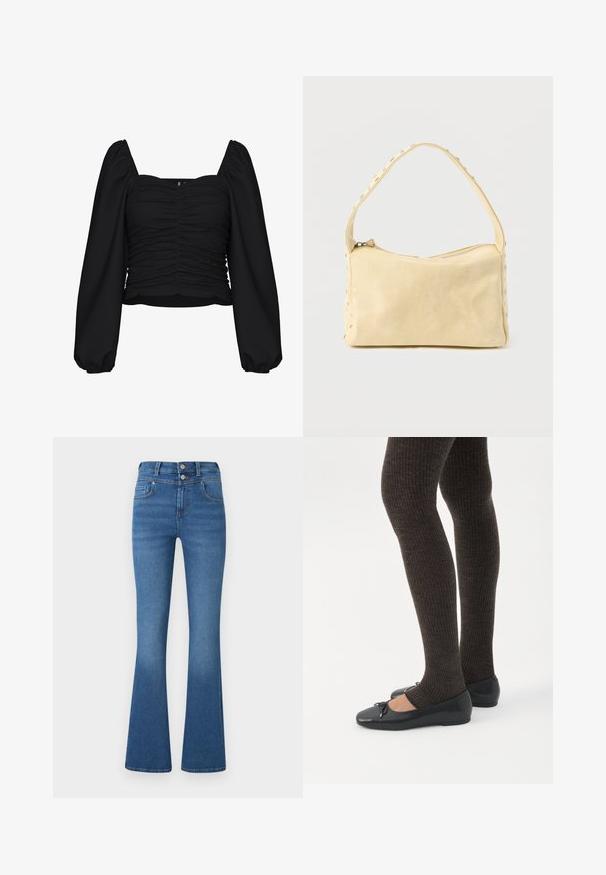 Sort cropped bluse lavet af tekstureret stof, med firkantet udskæring, rucheret krop og lange pufærmer med elastiske manchetter.; Blå brede jeans lavet af denim, med høj talje, to forlommer, lys falming og dobbelttrykknaplukning.; Ben iført mørke ribbede leggings kombineret med sorte balletsko med små sløjfedetaljer på hvid baggrund.; Lille beige læderhåndtaske med en enkelt rem og sølvnitter langs kanterne og remmen, sat mod en ensfarvet baggrund.