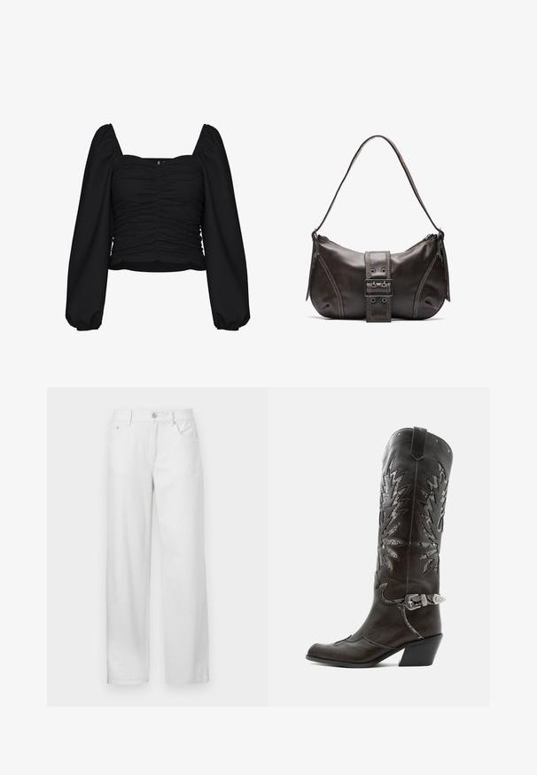 Zwarte cropped blouse van textuurstof, met een vierkante halslijn, gerimpeld lichaam en lange pofmouwen met elastische manchetten.; Witte denim broek met een losse pasvorm, voorzien van een knoop- en ritssluiting, ceintuurlussen en een traditionele vijf-pocketontwerp.; Zwarte leren cowboylaars met decoratieve uitsnijdingen, zilveren gesp en schuine hak, weergegeven op een witte achtergrond.; Bruine leren schoudertas met een gebogen vorm, voorzien van een opvallende gespdetail, contrasterende stiksels en een enkele schouderband.