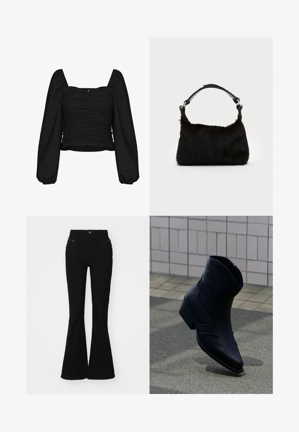 Sort cropped bluse lavet af tekstureret stof, med firkantet udskæring, rucheret krop og lange pufærmer med elastiske manchetter.; Sorte buks med bred benåbning og høj talje, med forlommer og lynlåsdetaljer. Lavet af denim med en glat overflade.; Sort læderankelstøvle med lav hæl, dekorative syninger og spids tå, placeret opret på en brolagt overflade ved siden af en flisebelagt væg.; Sort faux fur håndtaske med en blød tekstur, rund form og en robust skulderrem i sort læder. Synlige sølvhardware-detaljer.