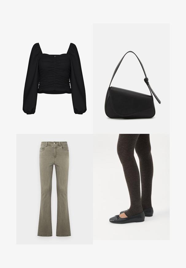 Blouse noire courte en tissu texturé, avec un décolleté carré, un corps froncé et de longues manches bouffantes avec des poignets élastiques.; Jean droit vert olive avec fermeture à boutons sur le devant, passants pour ceinture et design cinq poches, présenté sur un fond uni.; Jambes portant des leggings côtelés foncés associés à des ballerines noires avec de petits détails en nœud sur fond blanc.; Sac à main en cuir noir de forme triangulaire, avec un rabat incliné et une poignée supérieure arrondie. Il présente une texture lisse et des détails de design minimalistes.