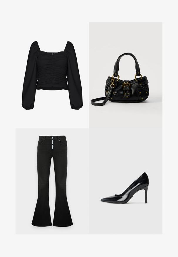 Sort cropped bluse lavet af tekstureret stof, med firkantet udskæring, rucheret krop og lange pufærmer med elastiske manchetter.; Sorte jeans med flare og høj talje, fem-knaps lukning, blød denimbeklædning og diskrete syningsdetaljer på lommer og syninger.; Sort patenteret læder højhælet pumpe med spids tå og slank stilettohæle på hvid baggrund.; Sort læderhåndtaske med guldbælge og nitdetaljer, korte håndtag og en justerbar skulderrem på en ensfarvet hvid baggrund.