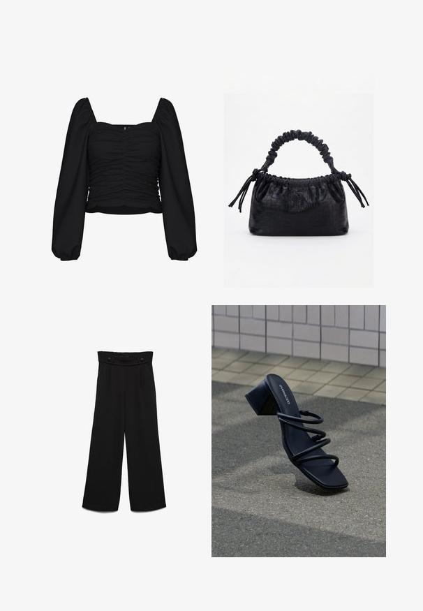 Sort cropped bluse lavet af tekstureret stof, med firkantet udskæring, rucheret krop og lange pufærmer med elastiske manchetter.; Sorte bukser med vide ben og høj talje, der har to forreste knapper og en glat tekstur. Lige snit med presninger foran.; Sort sandal med firkantet tå, tre tynde stropper og blokhæl på fortov nær flisebelagt væg.; Sort taske med krokodilletekstur, rynket øverste kant, samlet hank og snore med kvaster på hver side mod en hvid baggrund.
