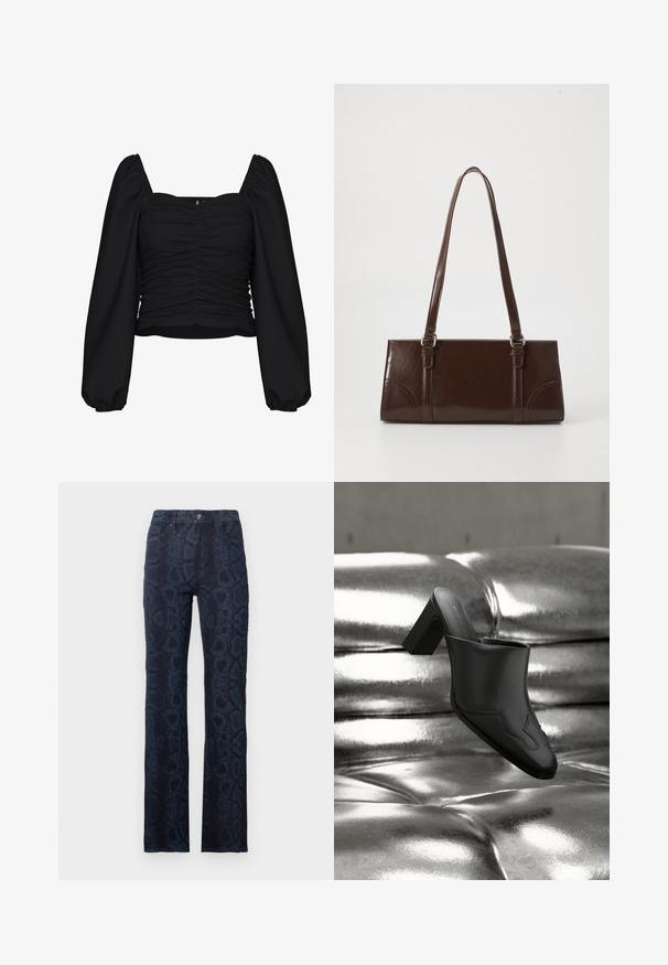 Sort cropped bluse lavet af tekstureret stof, med firkantet udskæring, rucheret krop og lange pufærmer med elastiske manchetter.; Mørkeblå jeans med et struktureret slangeskindsprint, lige ben, design med fem lommer og forreste knaplukning.; Sort lædermule med blokhæl hvilende på en skinnende sølvpolstret overflade, der fremhæver dens elegante design og buede detaljer.; Brun lakeret håndtaske med rektangulær form, to lange håndtag og subtile buede detaljer på fronten.