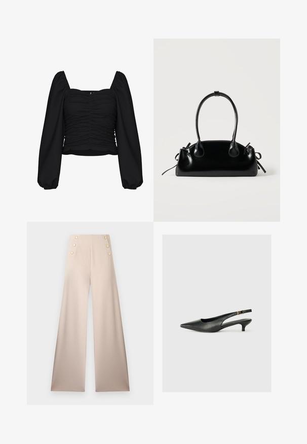 Sort cropped bluse lavet af tekstureret stof, med firkantet udskæring, rucheret krop og lange pufærmer med elastiske manchetter.; Beige bukser med vide ben, høj talje og to lodrette rækker med hver tre gyldne dekorative knapper foran.; Sorte spidse slingback-sko lavet af glat læder. Har en tynd hæl og en spænde detalje på den justerbare rem.; Lille sort blank håndtaske med to lange håndtag og snøre-detaljer i siden på en ensfarvet lys baggrund.