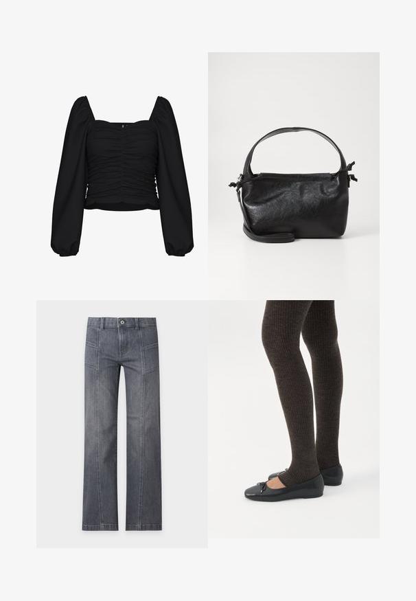 Sort cropped bluse lavet af tekstureret stof, med firkantet udskæring, rucheret krop og lange pufærmer med elastiske manchetter.; Grå straight-leg denim jeans med detalje ved frontsyning, bæltestropper og knaplukning på en ensartet lys baggrund.; Ben iført mørke ribbede leggings kombineret med sorte balletsko med små sløjfedetaljer på hvid baggrund.; Sort læderhåndtaske med et struktureret design, rund tophåndtag og aftagelig skulderrem. Den har en glat tekstur og en subtil glans.