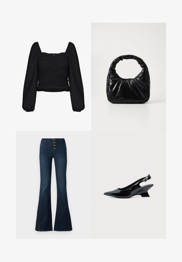 Sort cropped bluse lavet af tekstureret stof, med firkantet udskæring, rucheret krop og lange pufærmer med elastiske manchetter.; Mørkeblå højtaljede jeans med flagrende ben og fire synlige brune knapper foran lynlåsen mod en hvid baggrund.; Sort laklæder slingback sko med spids tå og lav vinklet blokhæl på ensartet lys baggrund.; Sort polstret håndtaske med et rundt håndtag, der har en glat, skinnende overflade og en blød, kviltet tekstur. Ingen synlige hardware eller accenter.