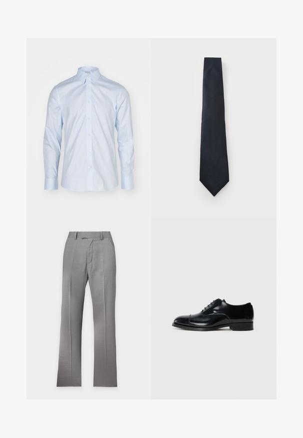 Himmelblaues Langarmhemd mit klassischem Kragen, durchgehender Knopfleiste und kontrastierenden Knöpfen; aus glattem Stoff mit frischer Oberflächenstruktur gefertigt.; Hellgraue formelle Hose mit Falten, Vordertaschen, Gürtelschlaufen und verdecktem Frontverschluss, auf weißem Hintergrund dargestellt.; Schwarze Leder-Dressschuhe mit polierter Oberfläche, runder Zehenform, Schnürdesign und niedrigem gestapeltem Absatz, versehen mit einer dezenten Nahtdetail.; Marineblaue Krawatte aus strukturiertem Stoff, mit schmalem Design und spitzem Ende. Das Material weist ein dezentes Muster für zusätzliche Details auf.