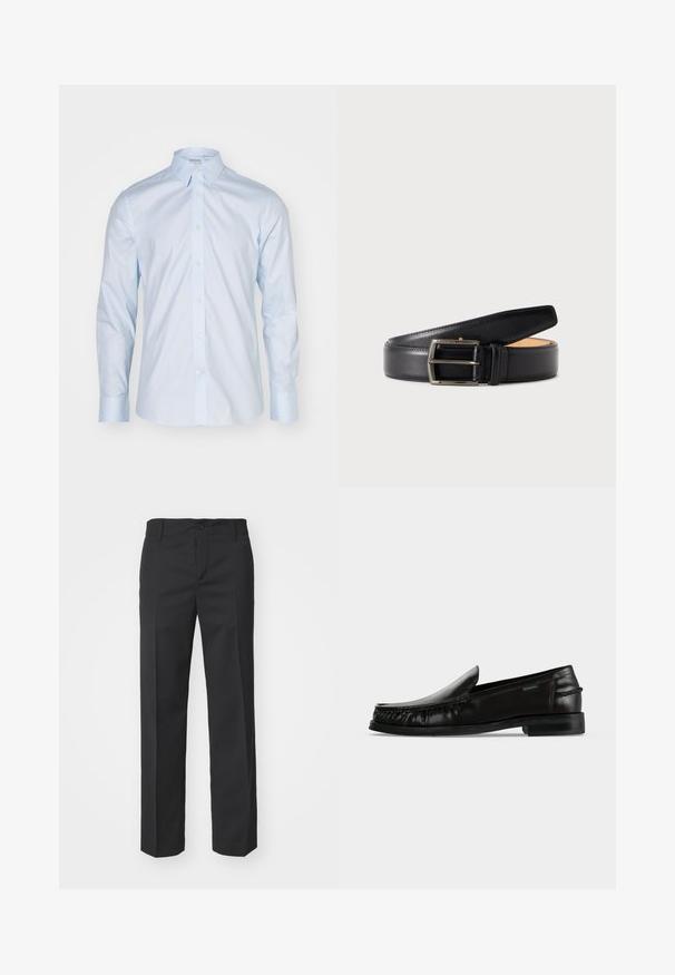 Himmelblaues Langarmhemd mit klassischem Kragen, durchgehender Knopfleiste und kontrastierenden Knöpfen; aus glattem Stoff mit frischer Oberflächenstruktur gefertigt.; Filippa K TROY TROUSERS - Stoffhose - black; Schwarzer Leder-Slipper mit geflochtenen Details an den Seiten und niedrigem Absatz auf weißem Hintergrund.; Schwarzer Ledergürtel mit silberner rechteckiger Schnalle, zusammengerollt auf einem schlichten hellen Hintergrund.
