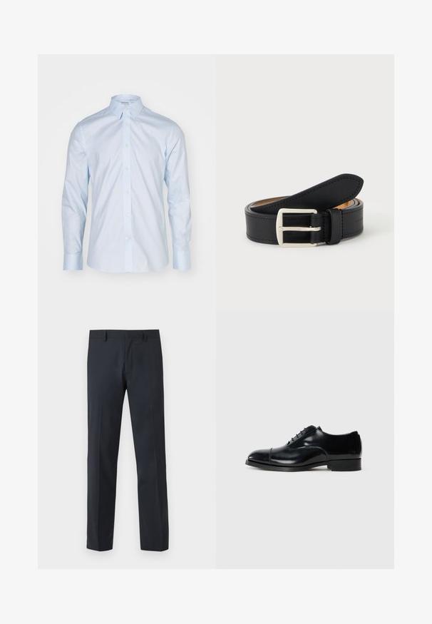 Camisa de manga larga azul clara con un cuello clásico, delantero abotonado y botones en contraste; hecha de una tela suave con un acabado nítido.; Pantalones de vestir negros de pierna recta con trabillas para cinturón y cremallera frontal, exhibidos sobre un fondo liso.; Zapato de vestir negro de cuero con un acabado pulido, punta redondeada, diseño con cordones y un tacón bajo apilado, que presenta un sutil detalle de costura.; Cinturón de cuero negro enrollado con hebilla metálica rectangular plateada visible sobre un fondo liso y claro.