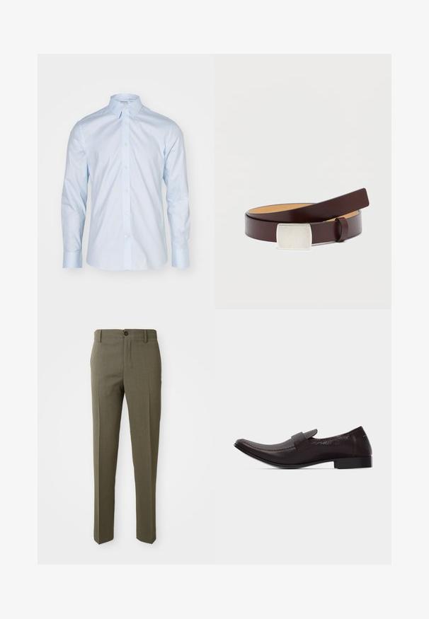 Camisa de manga larga azul clara con un cuello clásico, delantero abotonado y botones en contraste; hecha de una tela suave con un acabado nítido.; Pantalones ajustados color verde oliva con una textura suave, diseño de pierna recta, un botón frontal y bolsillos laterales para mayor funcionalidad.; Mocasín de hombre de cuero marrón oscuro con tacón bajo, puntera cuadrada redondeada y una correa sobre el empeine, mostrado en perfil lateral.; Cinturón de cuero marrón con una hebilla plateada rectangular, textura lisa y un forro interior más claro y contrastante. Diseño sencillo y clásico.