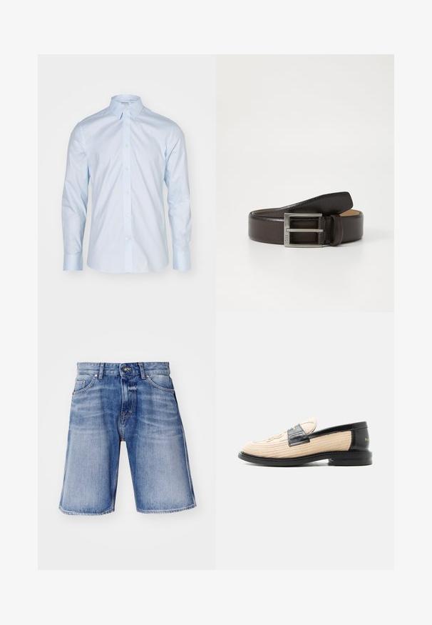 Heledsinine pika varrukaga särk, millel on klassikaline krae, nööpidega esiosa ja kontrastsed nööbid; valmistatud siledast kangast, millel on puhas viimistlus.; Heled sinise värvi denim lühikesed püksid, millel on pleekinud alad, nööbiliugur, kaks esi-taskut ja kontrastne õmblus õmbluste äärealadel.; Beež karditud mokassiin musta nahast äärega, ümar ninaosaga, musta tallaga ja pealmisel küljel dekoratiivse tikitud mustriga.; Pruun nahkrihm tekstureeritud viimistlusega, hõbedane metalli pandla ja lihtsa disainiga. Pandla kuju on ristkülikuline ning sellel on brändi graveering.
