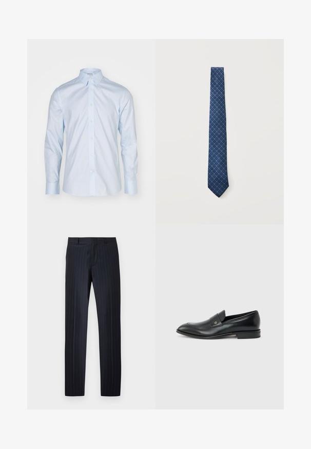 Lichtblauwe overhemd met lange mouwen, voorzien van een klassieke kraag, knoopsluiting en contrasterende knopen; gemaakt van gladde stof met een frisse afwerking.; Donkerblauwe broek voor vrouwen met subtiele witte krijtstreepjes, riemlussen en een ritssluiting aan de voorkant, afgebeeld tegen een eenvoudige witte achtergrond.; Zwarte leren herenslipper met lage hak, afgeronde neus en klein metalen logo op het riempje, zijaanzicht tegen een effen achtergrond.; Blauwe stropdas met een lichtblauw ruitpatroon, plat gelegd op een effen lichte achtergrond.